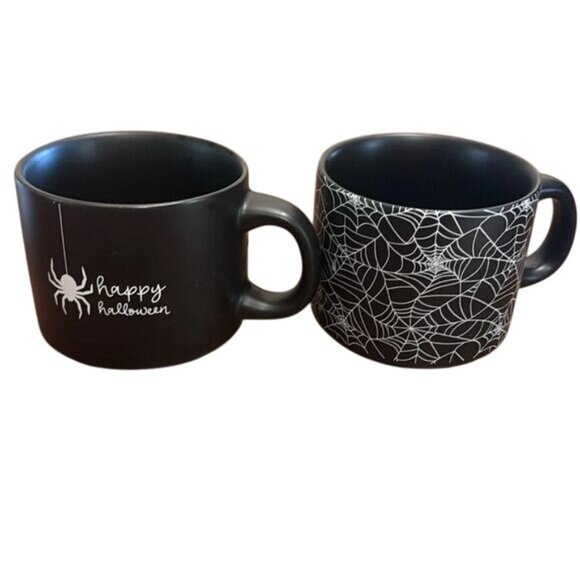 Two-Piece Happy Halloween Spider & Web Ceramic Mug Set Black & White - Picture 1 of 7